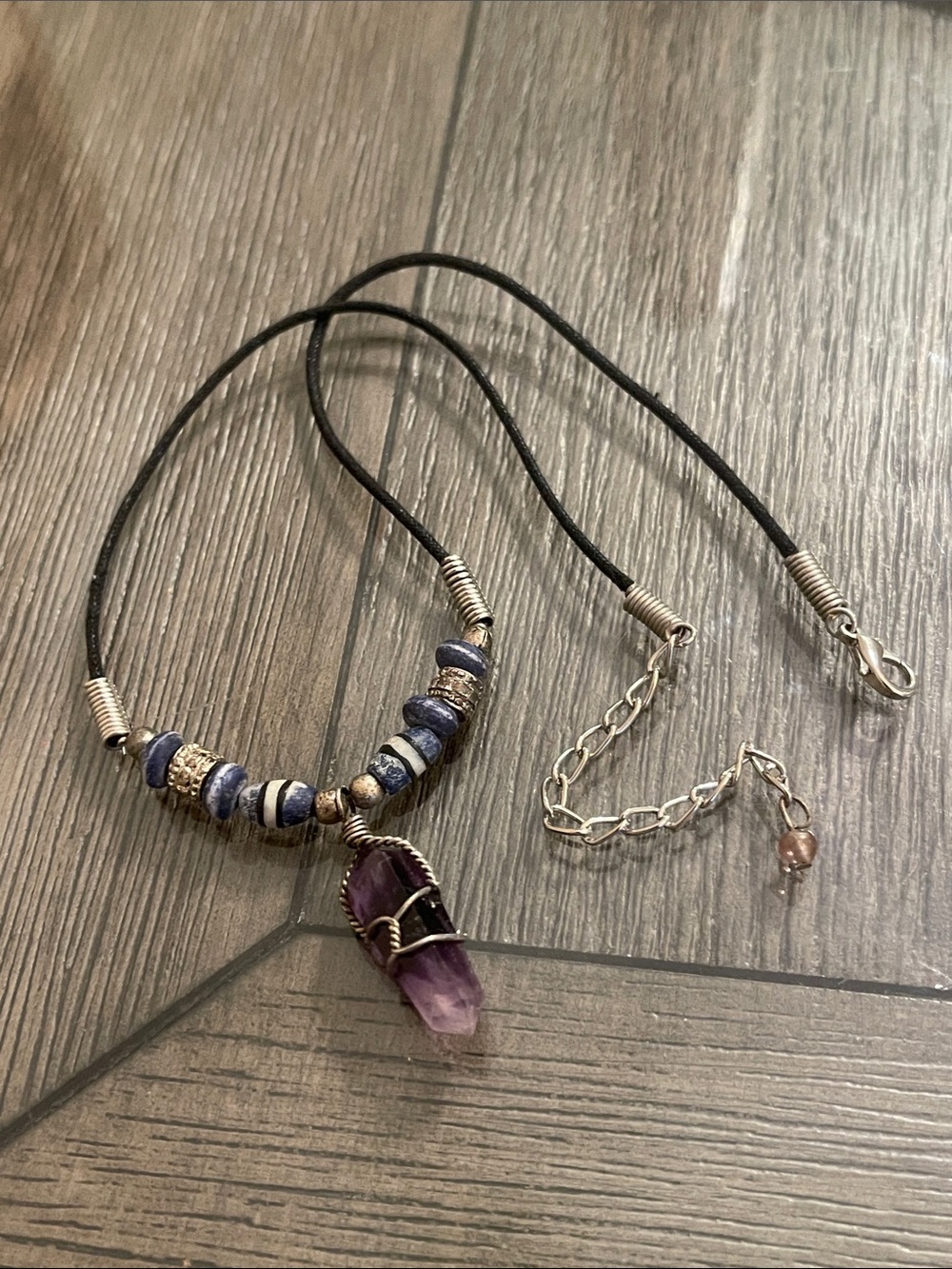 Vintage 1990’s Style Wire Wrapped Amethyst Crystal Black Cord Necklace - Picture 15 of 15